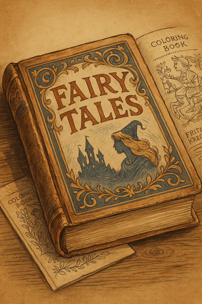 A vintage hardcover book titled "Fairy Tales" with ornate golden scrollwork rests on a wooden table, accompanied by an open coloring book featuring classic line drawings, evoking nostalgia, childhood wonder, and the roots of magical storytelling.