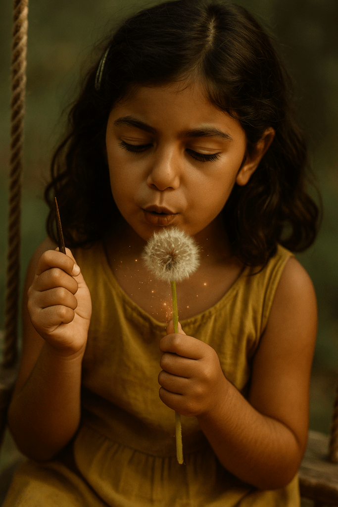 A young girl with dark, wavy hair sits on a garden swing, quietly writing on a leaf with a pin. A dandelion lies in her lap as she gazes downward in quiet concentration, evoking a sense of childhood ritual and natural magic. ✨ AI-generated.