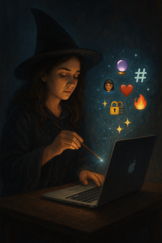 A surreal digital scene showing a figure casting light from their hands over a laptop, with emojis and sigil-like symbols hovering in midair, blending ancient ritual aesthetics with digital tech.