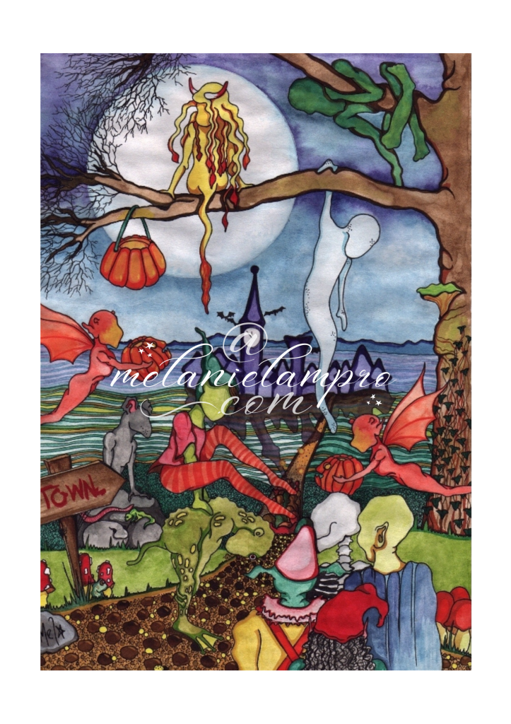 A colourful ink and watercolour scene by Mel Lampro titled “Hallowe’en”, showing an imaginative gathering of fantasy figures. Under a large full moon, a ghostly white figure hangs from a tree branch beside a flame-haired spirit. Winged red creatures, toadstools, frogs, and costumed characters gather on a winding path in the foreground, while a crooked witch’s hat, bats, pumpkins, and bare branches create a magical, slightly mischievous autumn landscape. The atmosphere is playful and surreal, blending folklore and fantasy.