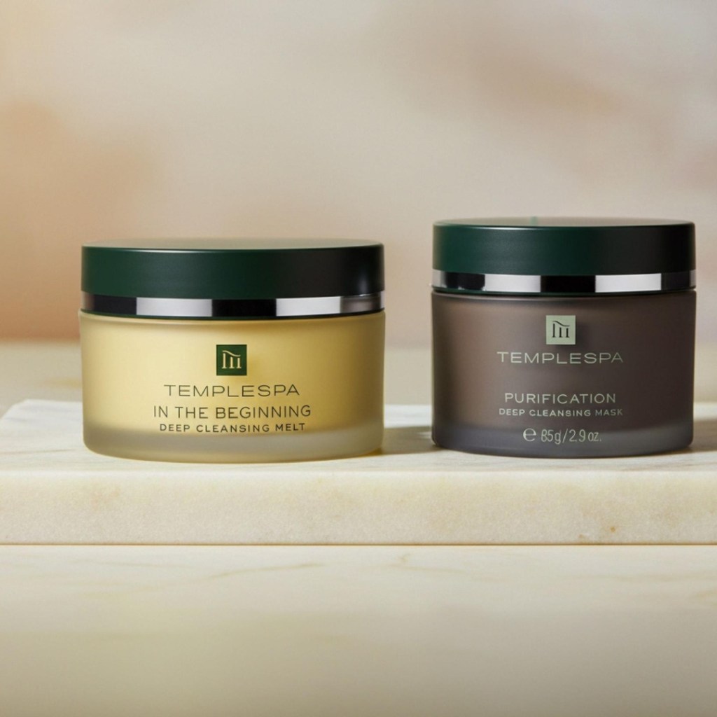 TEMPLESPA IN THE BEGINNING Deep Cleansing Melt and PURIFICATION Deep Cleansing Mask displayed side by side on a neutral stone surface.