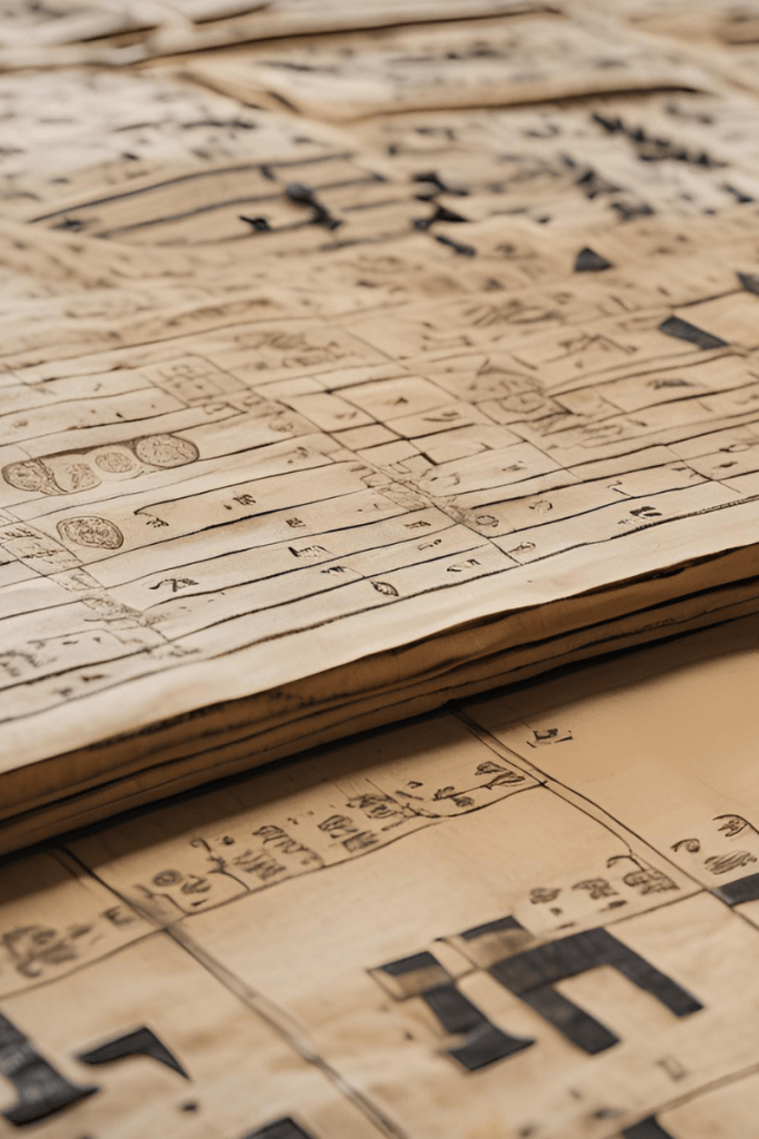 AI-generated 'spreadsheet hieroglyphics' concept, showing ancient, paper pages filled with unintelligible symbols.