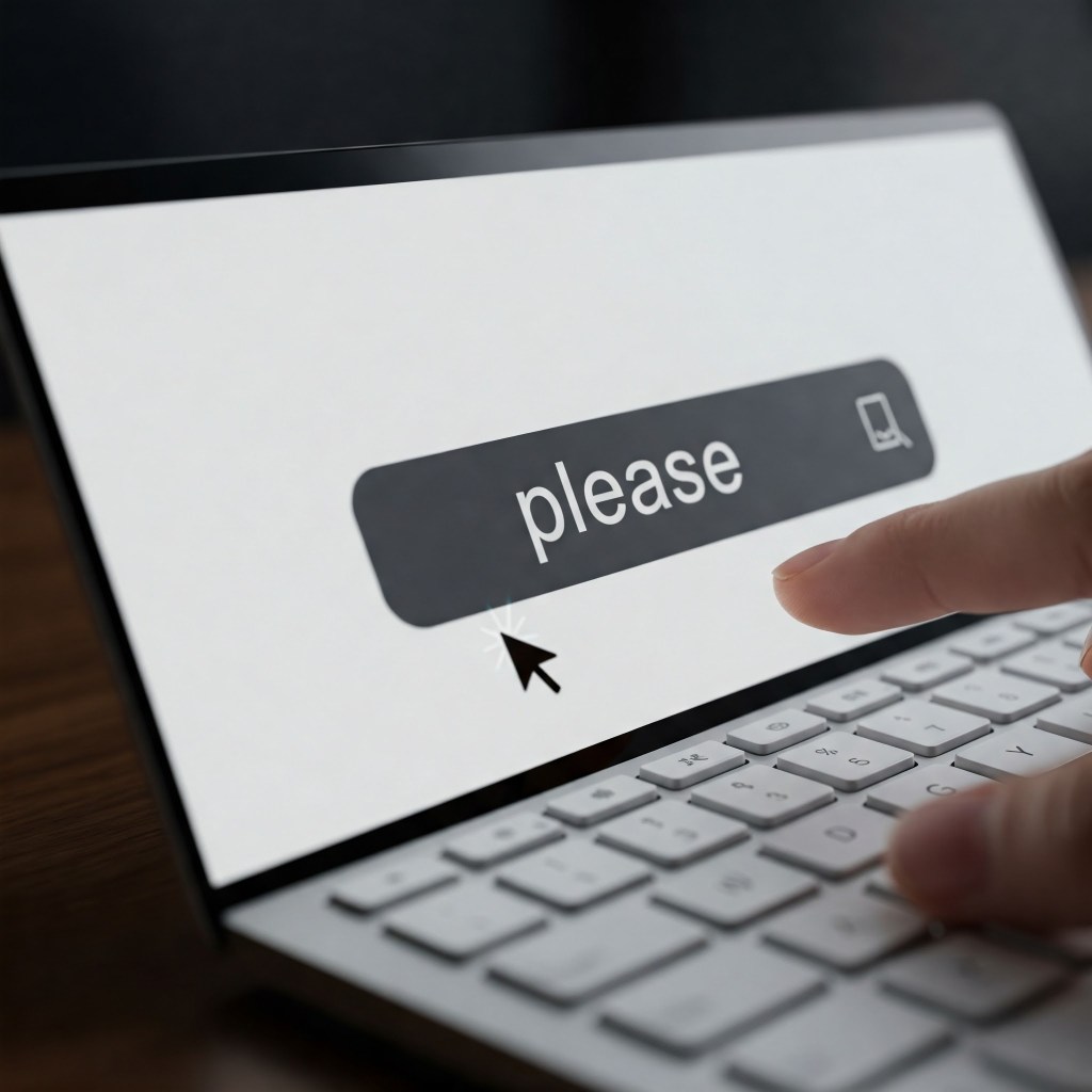 A hand is seen typing on a laptop, with the search button clearly visible on the screen, with the word "please" in the search bar. AI-generated.