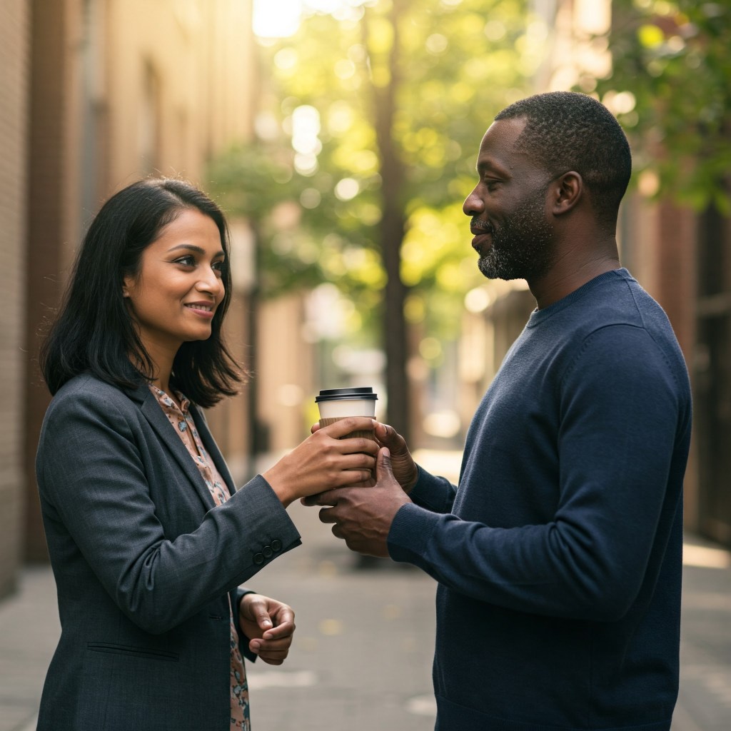 A man and a woman stand on a street, holding coffee, engaged in a productive conversation. AI-generated.