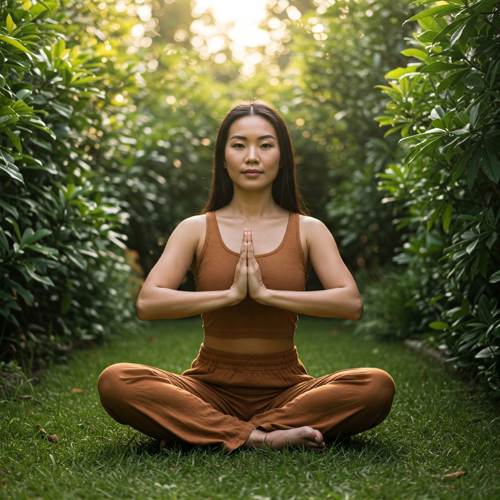 A serene Asian woman sits cross-legged, meditating in a verdant garden filled with plants. AI-generated.