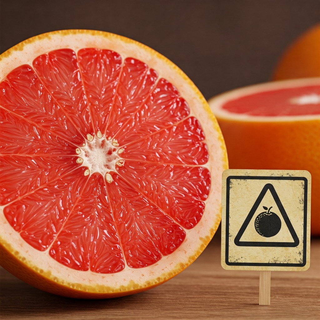 A grapefruit featuring a bold warning sign, indicating an alert about potential risks. AI-generated