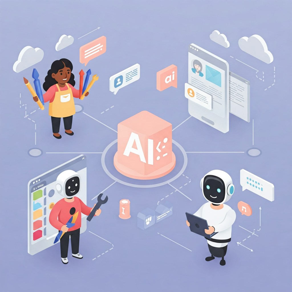 Graphic illustrating the relationship between AI and future work environments, emphasizing innovation and workforce changes. AI-generated.