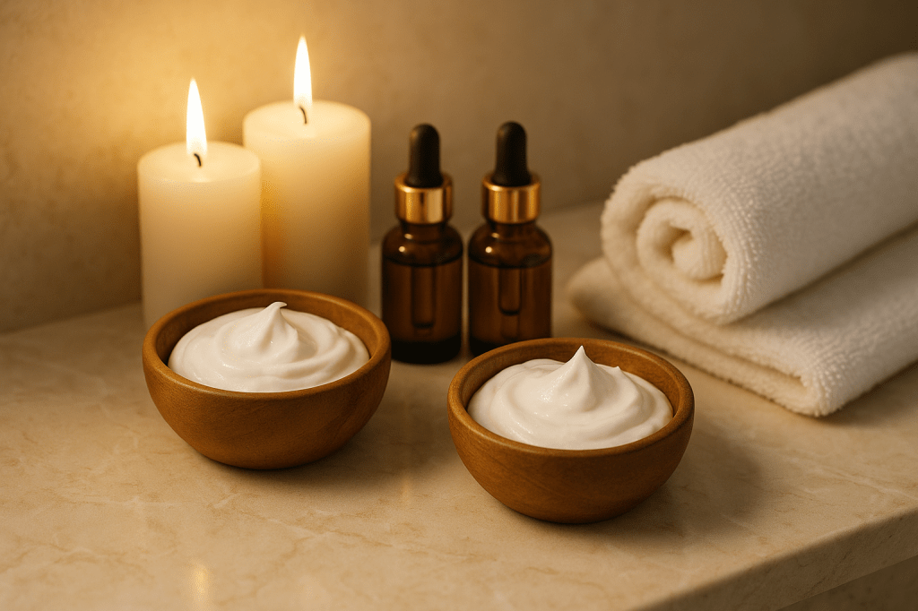 Wooden bowls filled with body cream beside candles, amber oil bottles, and rolled white towels on a marble surface. ✨ AI-generated