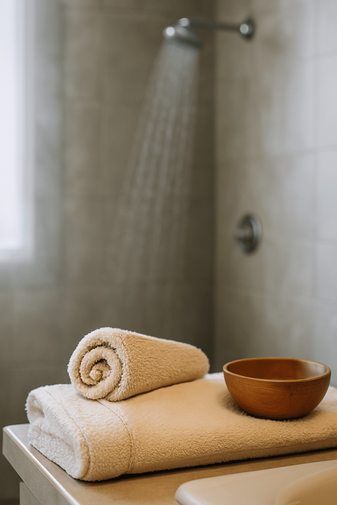 A soft, neutral bathroom scene with rolled towels and a wooden bowl on a counter, and steam rising from a running shower in the background. ✨ AI-generated