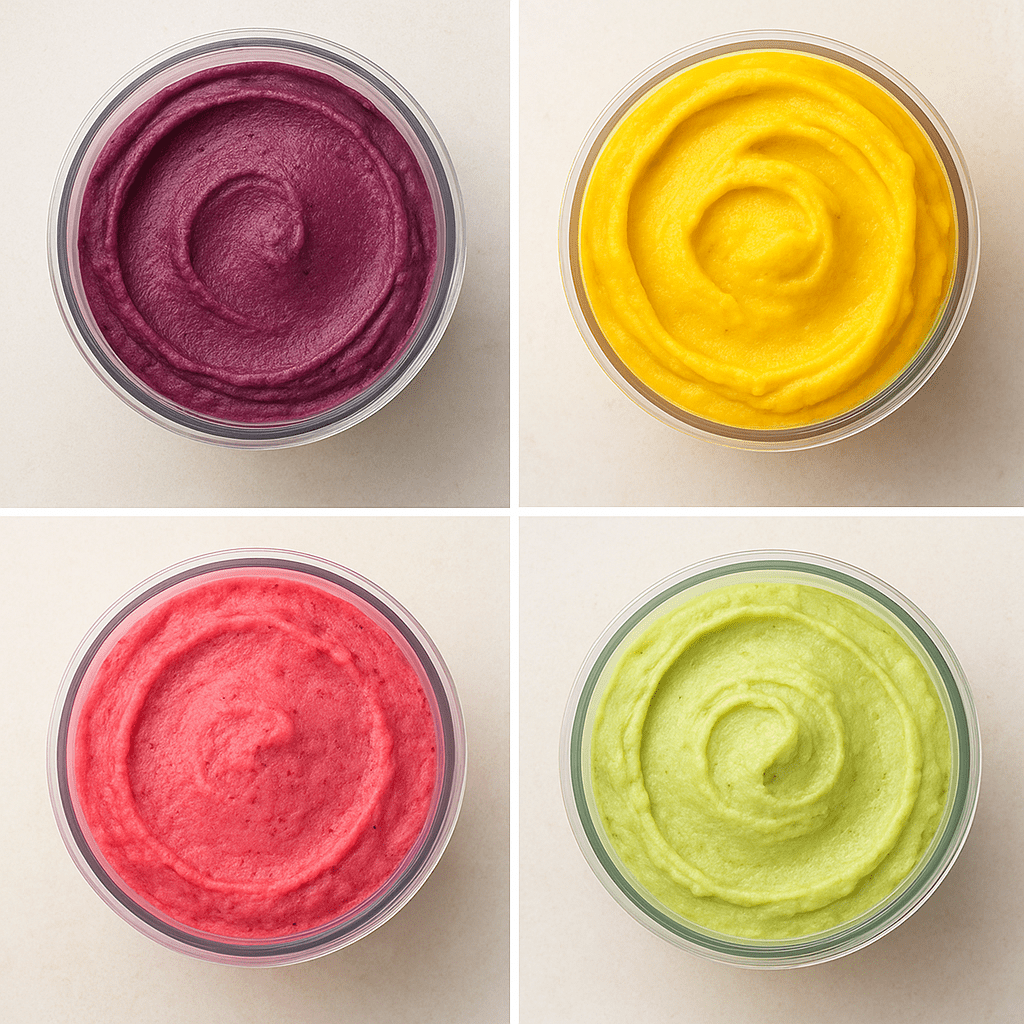 Grid collage of vibrant Ninja Creami tubs or scoops featuring different fruit colours – purple acai, yellow mango, pink berry, green avocado. AI-generated.