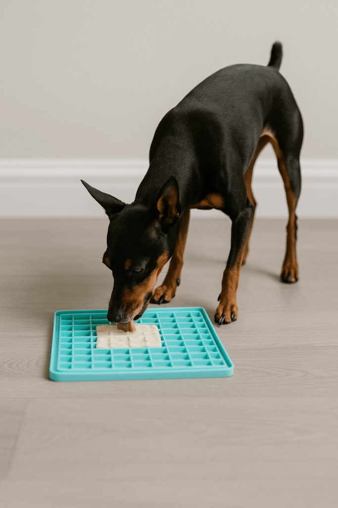 A Miniature Pinscher with a licky mat containing frozen yoghurt. AI-generated.