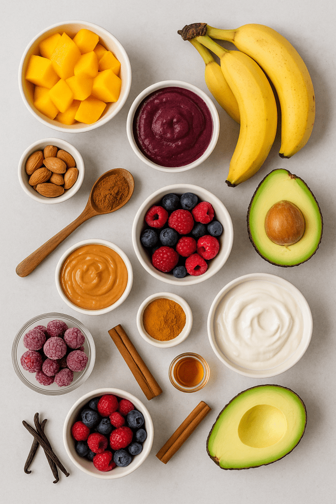 AI-generated flat lay image of colourful vegan ice-cream ingredients on a neutral background. Includes bananas, avocado, mango chunks, berries, almonds, peanut butter, acai purée, plant-based yoghurt, vanilla pods, cinnamon sticks, turmeric, and a small glass of vanilla extract — all neatly arranged in bowls and on spoons.