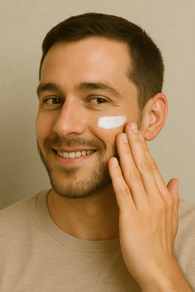 Person applying sunscreen to their face. The background is softly lit with daylight, suggesting a calm morning routine. Emphasises the simplicity of daily sunscreen use. Muted, neutral colours. ✨ AI-generated.