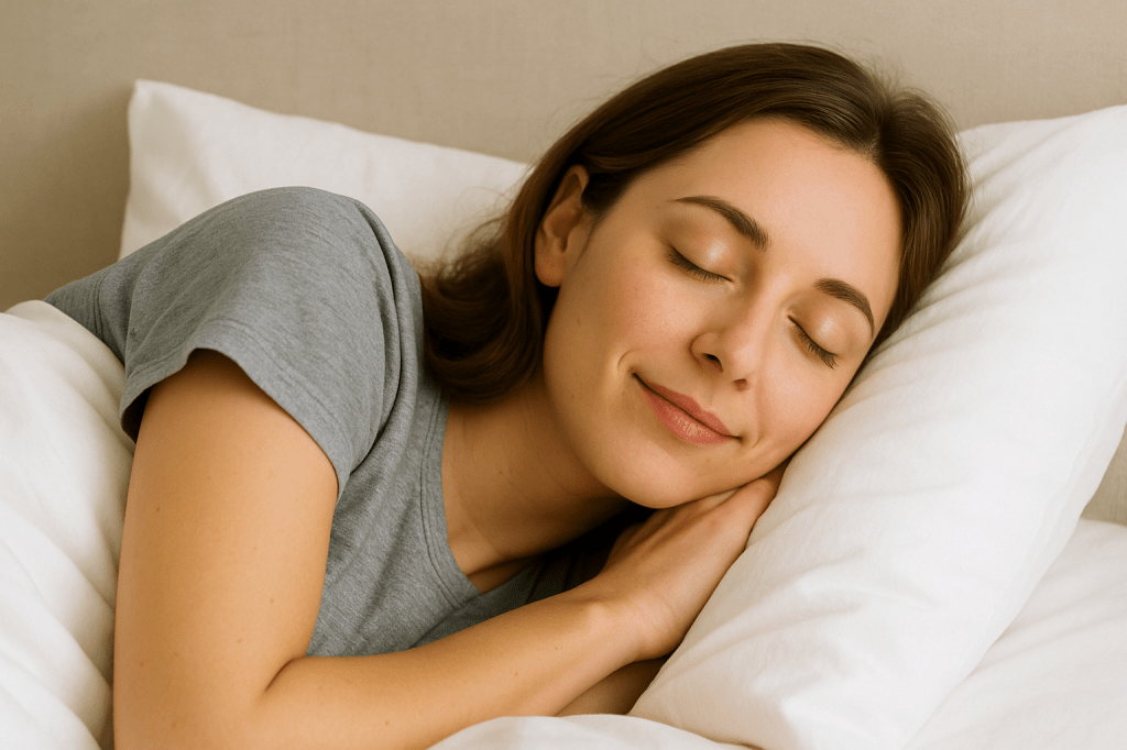 A young person with fair skin and medium brown hair sleeps peacefully on their side in a bed with white pillows and bedding. They have a gentle, contented expression with their eyes closed and hands tucked under their face. They wear a soft grey t-shirt, and the scene is warmly lit with natural daylight, conveying calm and restfulness. ✨ AI-generated.