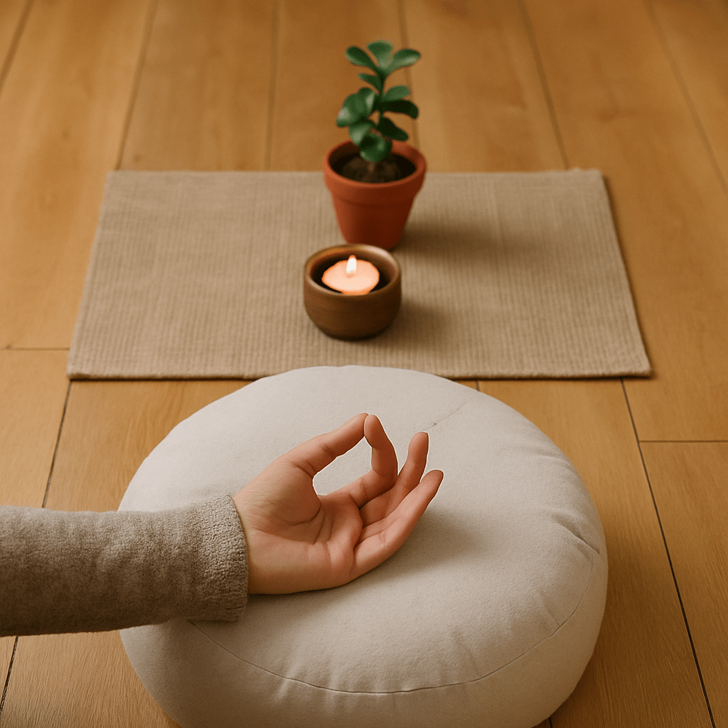 A peaceful meditation setup on a wooden floor. A soft beige cushion supports a person’s hand resting in Gyan mudra, symbolising calm and focus. In the background, a small candle glows beside a potted green plant on a natural fibre mat, all softly lit by natural daylight. ✨ AI-generated.