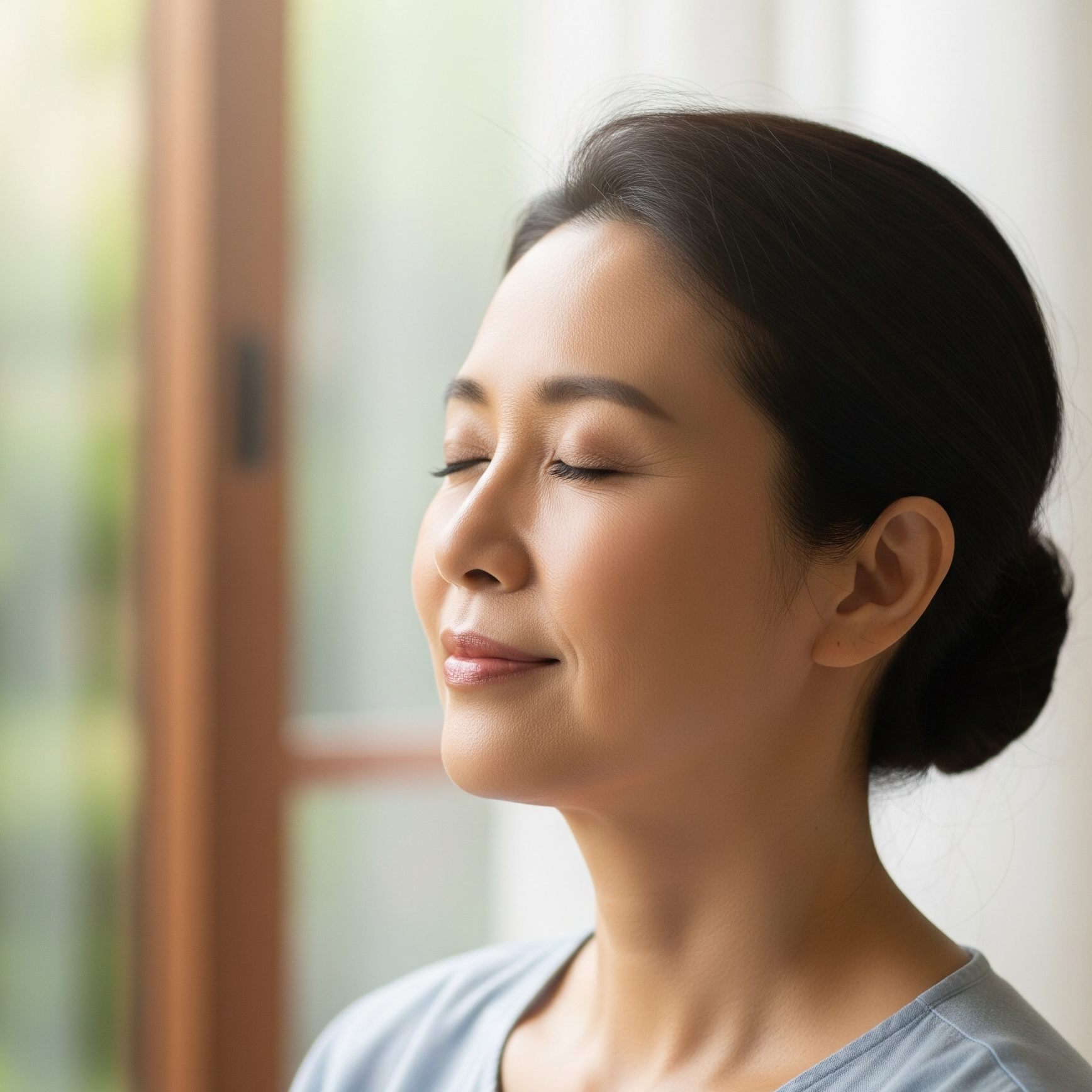 A person's head and shoulders, with closed eyes and a peaceful expression, in a serene setting, conveying relaxation and gratitude. ✨ AI-generated.