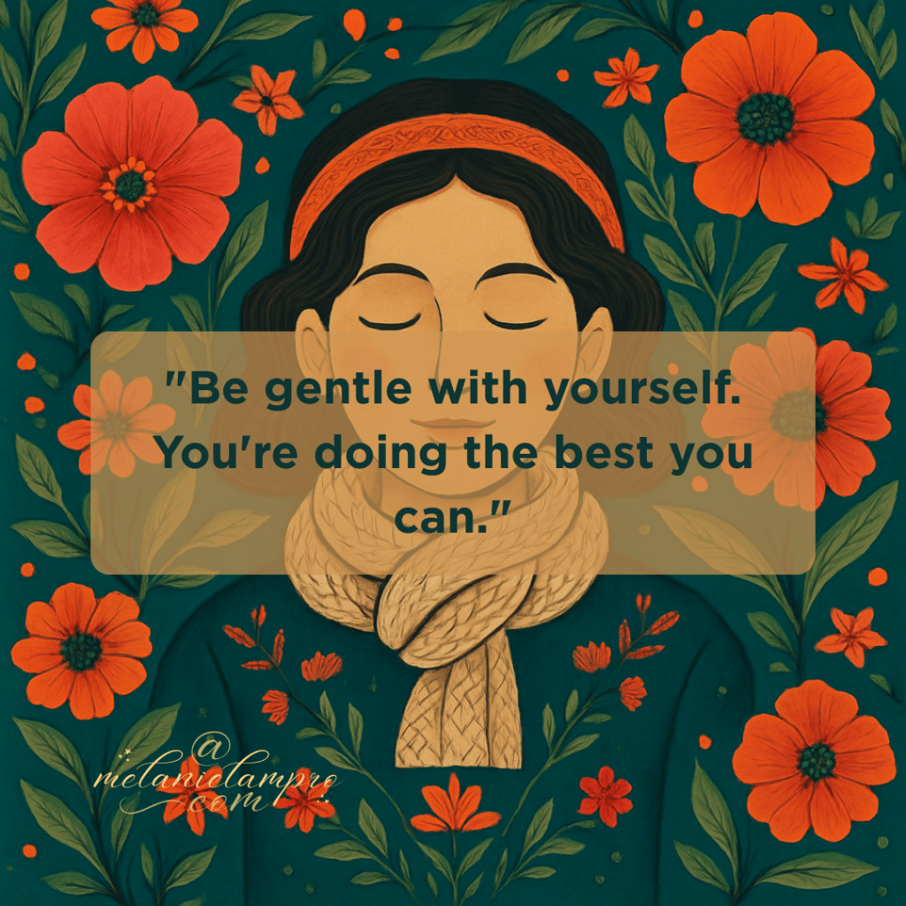 AI-generated square illustration in bold folk-art style: a central serene figure surrounded by coral and orange flowers and leafy patterns on a teal background. Uplifting, inclusive, and symbolic of self-kindness.