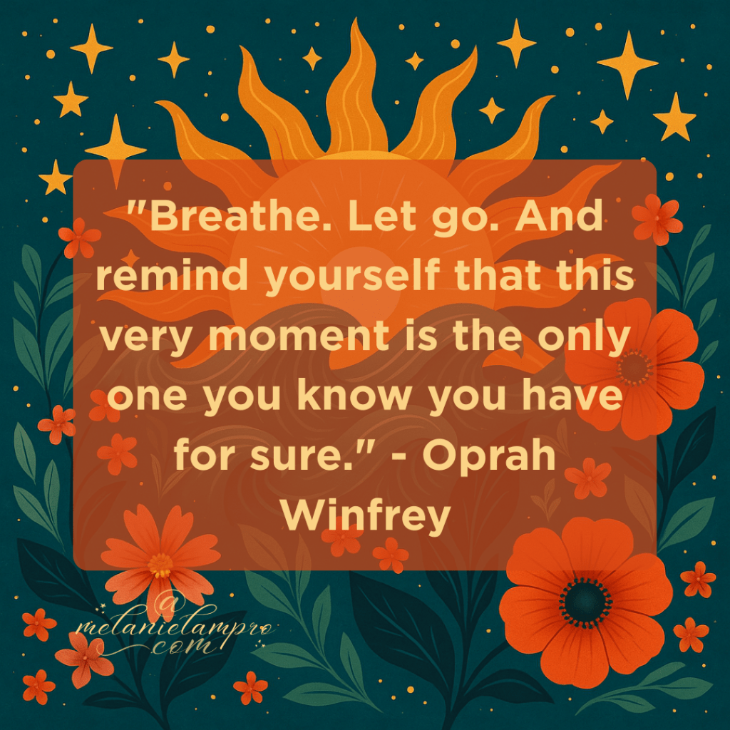 AI-generated square folk-art style illustration: swirling golden sun and stars above stylised teal waves, framed by coral and orange flowers. Bright, uplifting, and symbolic of breathing, letting go, and presence.