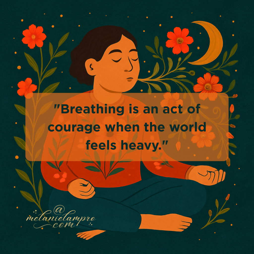 A folk-art style illustration of a person sitting cross-legged, eyes closed, exhaling a glowing golden breath that transforms into vines and blossoms, with a crescent moon above. Symbolises how mindful breathing brings courage and calm when life feels overwhelming.
