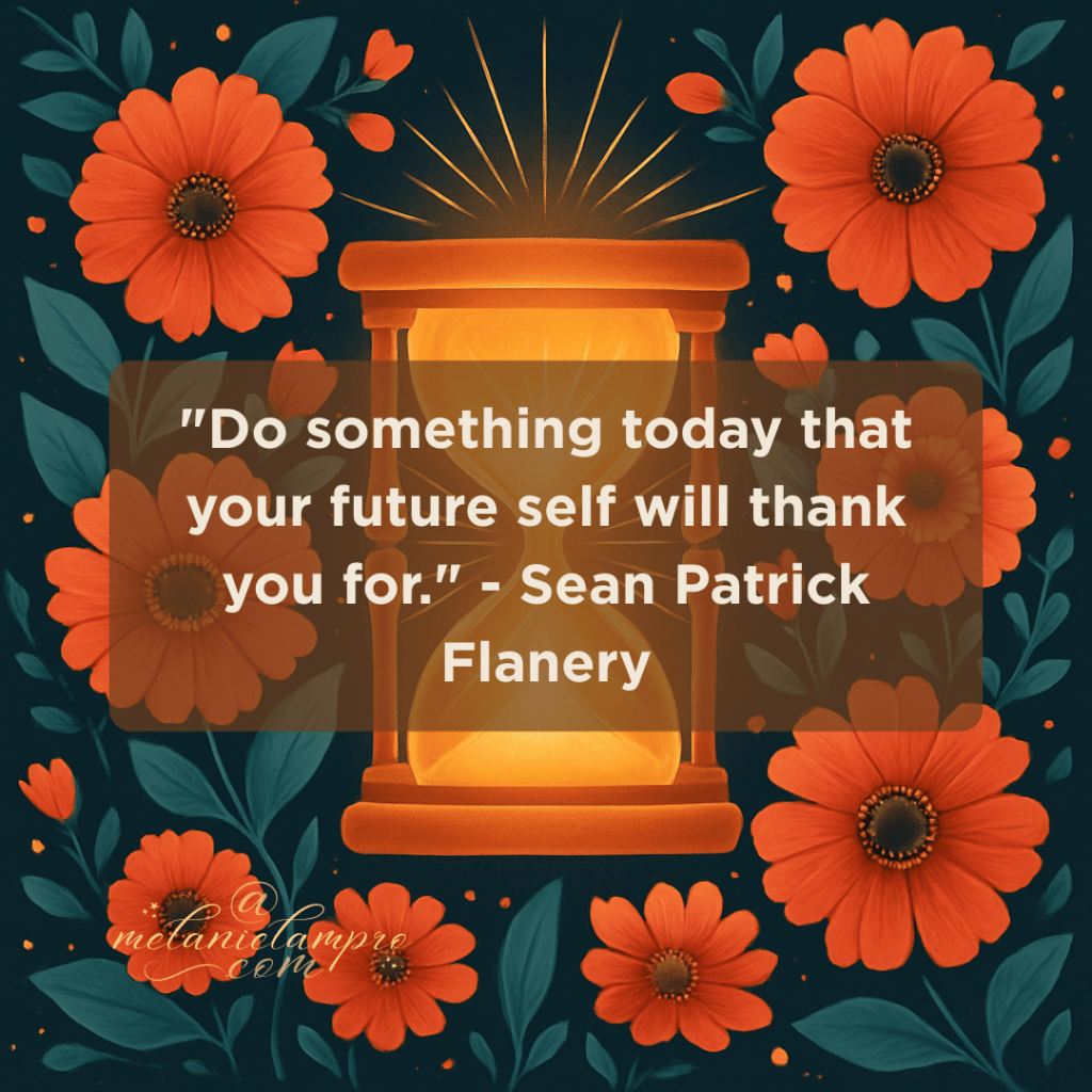 AI-generated square folk-art style illustration: a glowing golden hourglass with radiant light at the centre, surrounded by bold coral and orange flowers and teal leaves on a dark background. Artistic, uplifting, and symbolic of time, care, and gratitude.