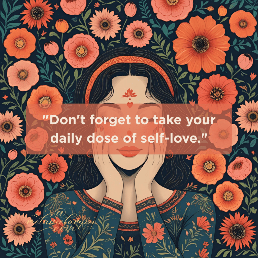 AI-generated square folk-art style illustration of a central figure with dark hair and a calm expression, surrounded by bold coral and orange flowers with leafy patterns on a dark background. Artistic, vibrant, and symbolic of daily self-love.