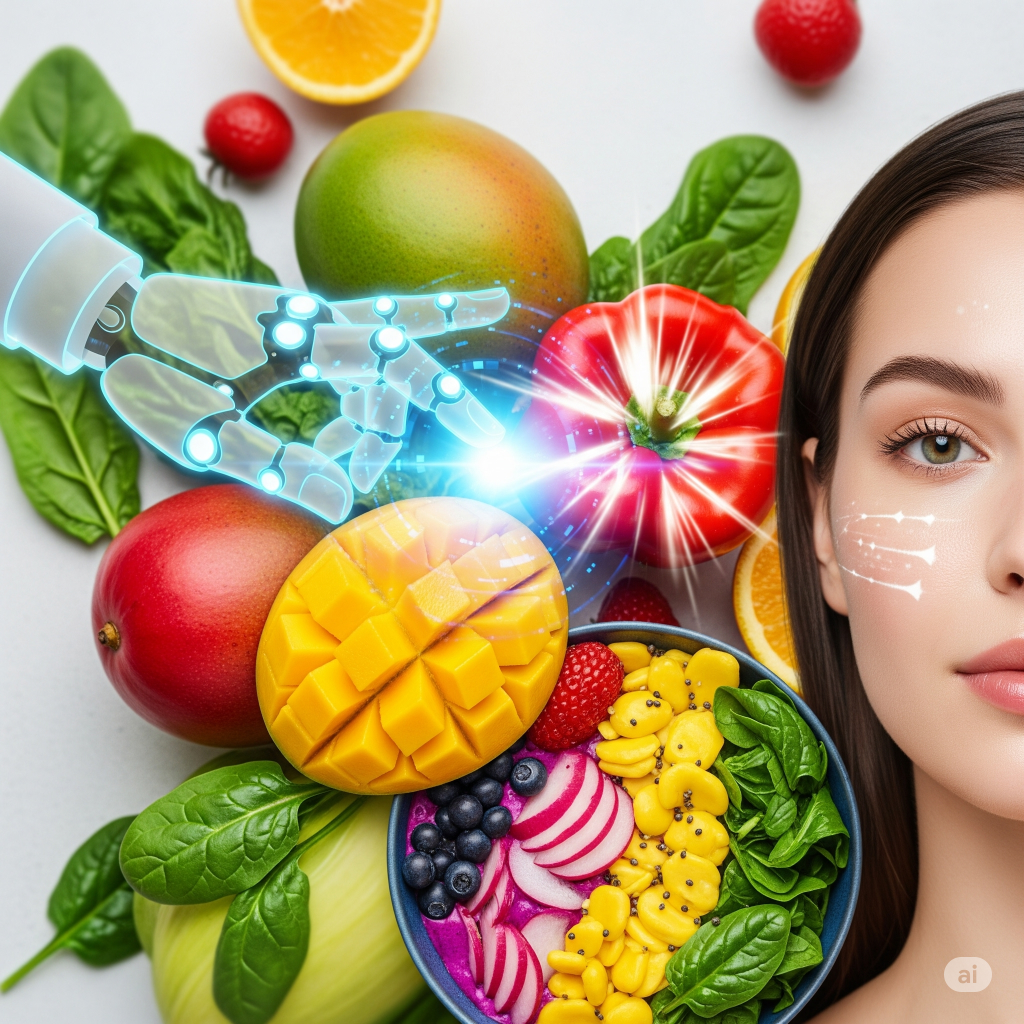 A vibrant, modern image showing a stylised AI hand reaching towards an assortment of fresh, colourful fruits and vegetables, with a subtle glow suggesting healthy skin. The scene hints at a culinary challenge or collaboration. (AI generated image)