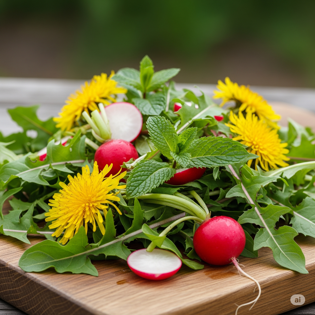 ALT Text: Refreshing Dandelion, Radish, and Mint Salad inspired by TEMPLESPA AAAHHH! Balm. (AI generated image)