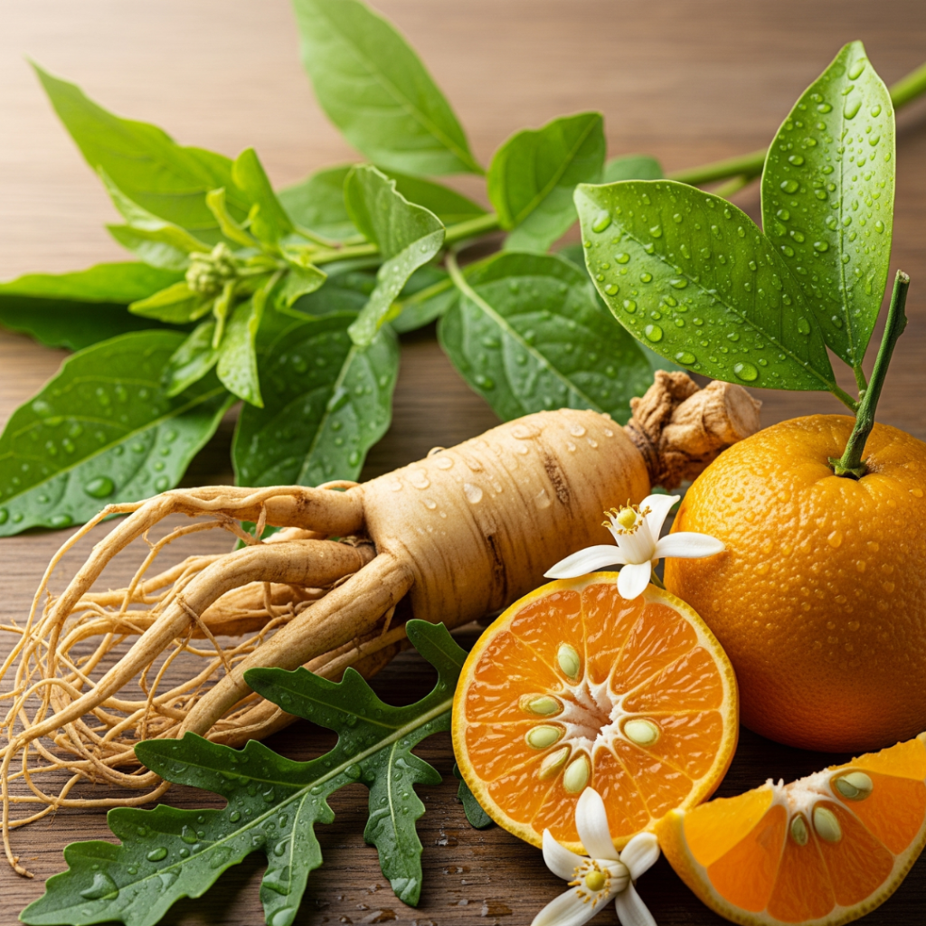 A natural and artful arrangement of fresh ginseng root, ashwagandha leaves, rocket leaves, and whole and sliced bitter oranges with blossoms. Subtle water droplets are visible, and the scene is illuminated by soft, natural light, emphasizing realistic textures and details. AI-generated.