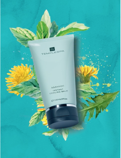 The TEMPLESPA AAAHHH! Instant Cooling Balm tube, with its name and brand clearly visible, is set against a delicate watercolour painting illustrating some of its key ingredients, including dandelion and mint.