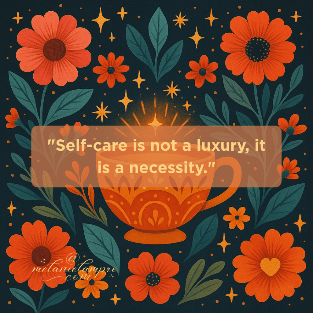 AI-generated square folk-art style illustration: radiant golden teacup surrounded by bold coral flowers, teal leaves, and glowing star-like accents on a dark background. Symbolic of self-care as a necessity.