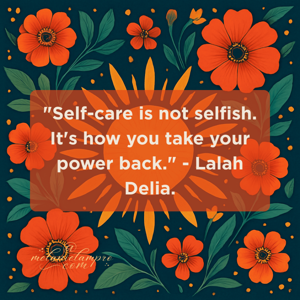 AI-generated square folk-art illustration: radiant golden sunburst surrounded by bold coral and orange flowers with teal leaves on a dark background. Bright, uplifting, and symbolic of empowerment and renewal.