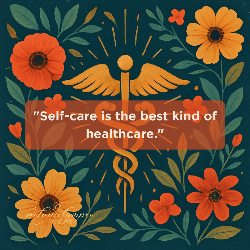 AI-generated square folk-art style illustration: a radiant golden healthcare symbol (caduceus-inspired motif) at the centre, surrounded by bold coral and orange flowers and teal leaves on a dark background. Artistic, uplifting, and symbolic of self-care as true healthcare.
