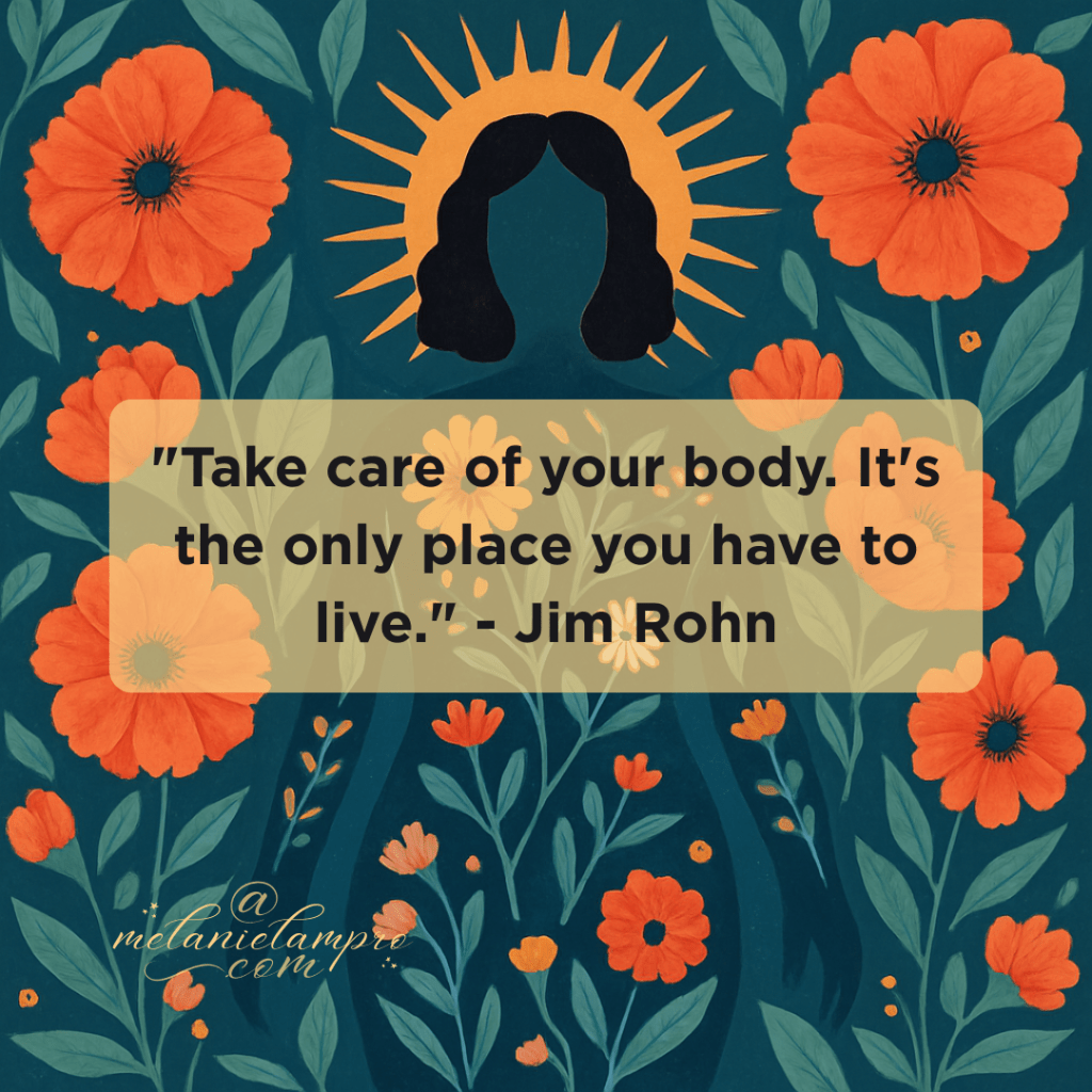 AI-generated square folk-art style illustration: stylised radiant body silhouette filled with floral motifs, surrounded by coral flowers and teal leaves. Symbolic of vitality and honouring the body.