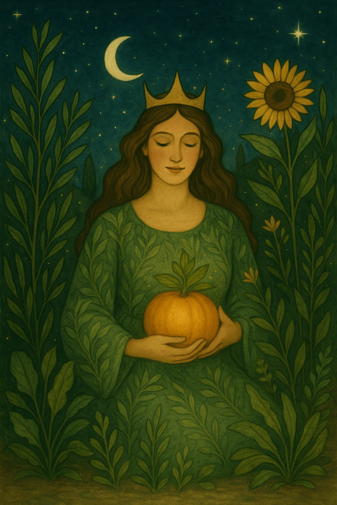 The Empress represents natural beauty, nurturing energy, and plant-based abundance - embodying my belief in nourishment that radiates from the inside out. Created in AI, inspired by the Tarot card The Empress.