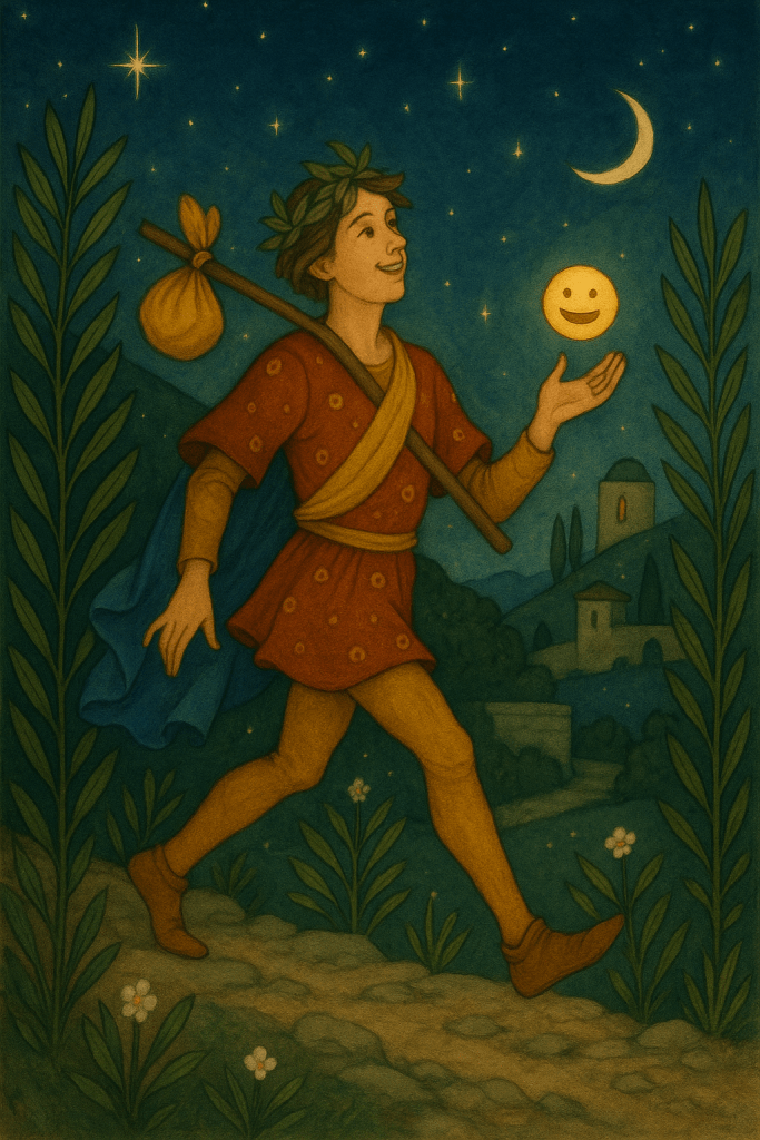 The Fool celebrates joyful expression, spontaneity, and freedom from convention. Much like my love of hashtags and emojis, it’s about moving forward with trust and a touch of magic. Created in AI, inspired by the Tarot card The Fool.