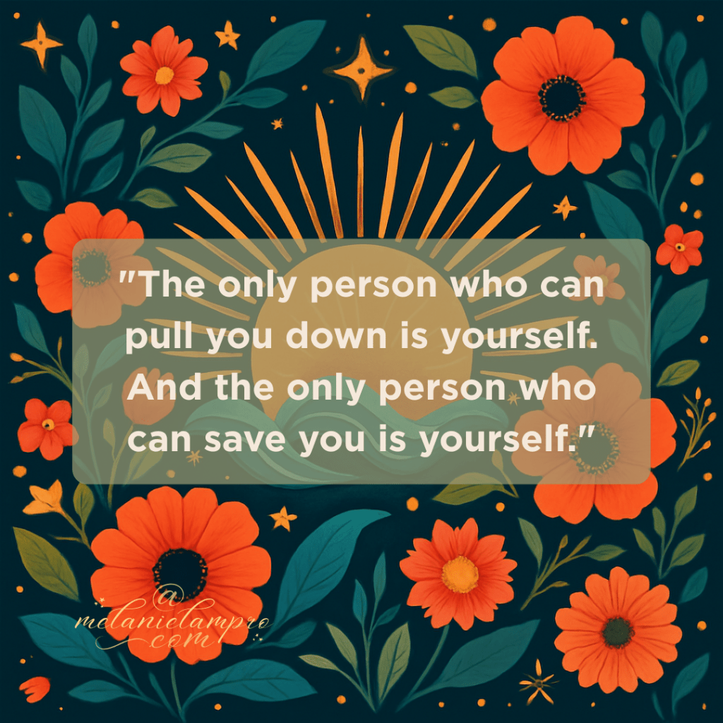 AI-generated square folk-art style illustration: a radiant golden sun with branching rays at the centre, surrounded by bold coral and orange flowers, teal leaves, and star-like accents on a dark background. Artistic, uplifting, and symbolic of inner strength and self-reliance.