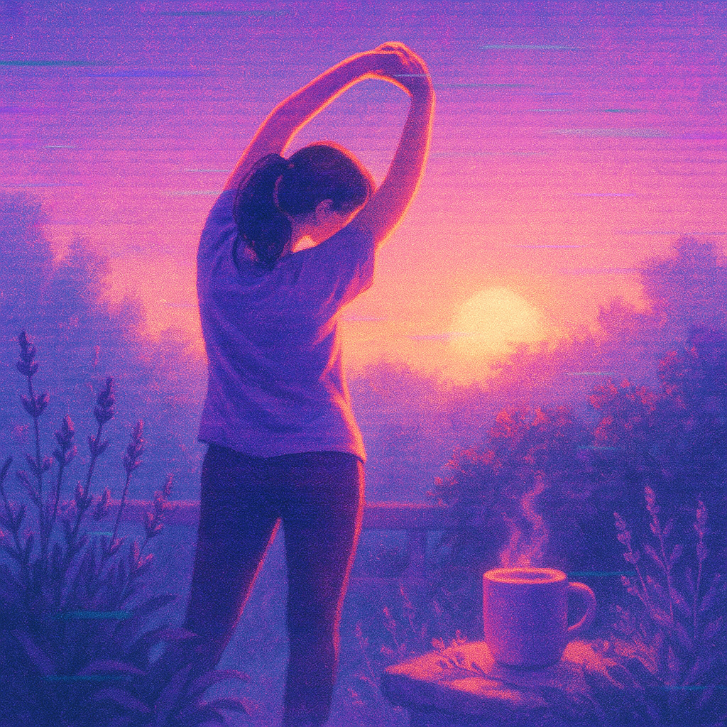 AI-generated digital illustration of a person gently stretching in a small garden at sunrise, surrounded by lavender foliage, symbolising gentle exercise and pacing with chronic pain.