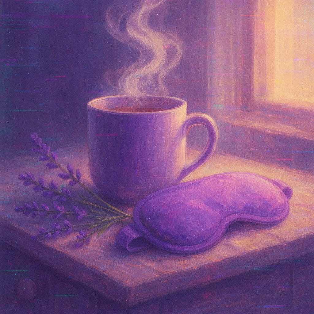 AI-generated digital illustration of a steaming mug, lavender sprigs, and a purple eye mask on a bedside table, shown in morning light, symbolising simple self-care rituals for chronic illness.