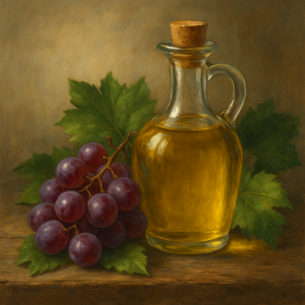 A realistic oil painting of a glass bottle filled with golden grape seed oil, placed beside a small cluster of ripe red grapes and green leaves on a rustic wooden surface, illuminated by soft, warm light. AI-generated.
