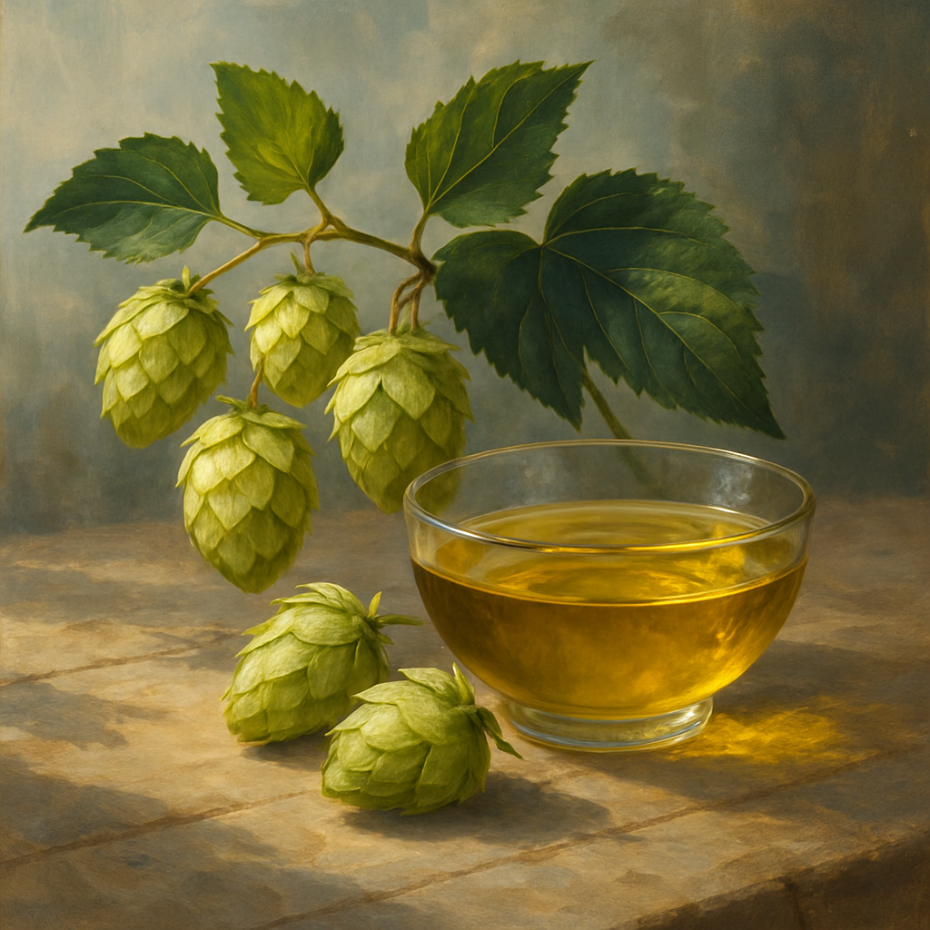 A realistic oil or acrylic painting of a hops plant with green cones and leaves beside a clear glass bowl of golden hops tea on a rustic wooden surface, bathed in warm sunlight. AI-generated.