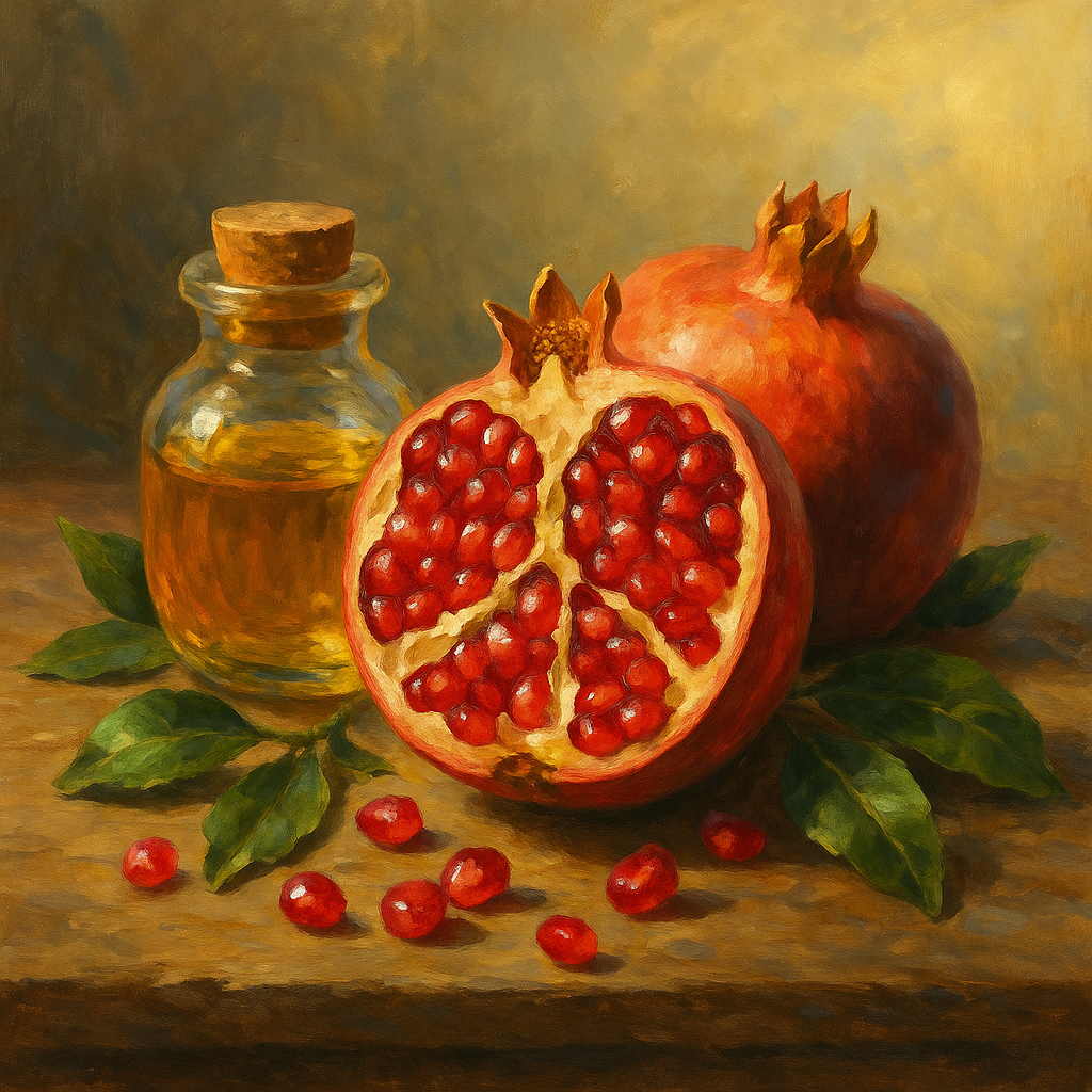 A realistic oil painting depicts a halved pomegranate with glistening red seeds, a jar of golden pomegranate oil, and scattered seeds on a rustic wooden surface, bathed in warm, golden light. AI-generated.
