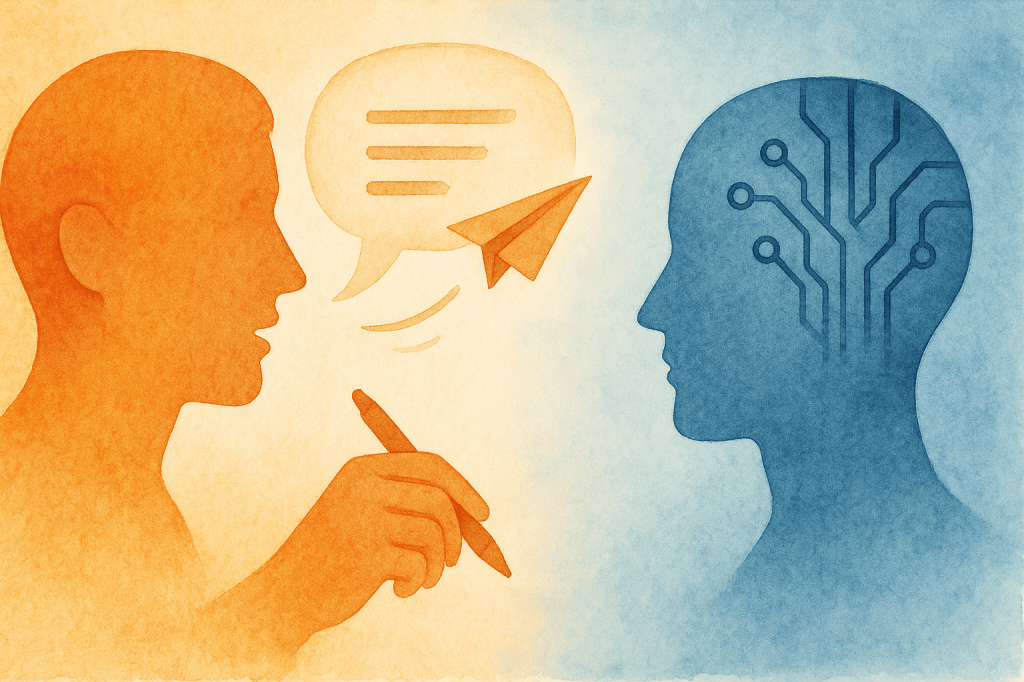Watercolour split-screen: an orange human profile with a speech bubble and paper aeroplane faces a blue AI head with circuit pattern—symbolising the prompt I asked ChatGPT. AI-generated.