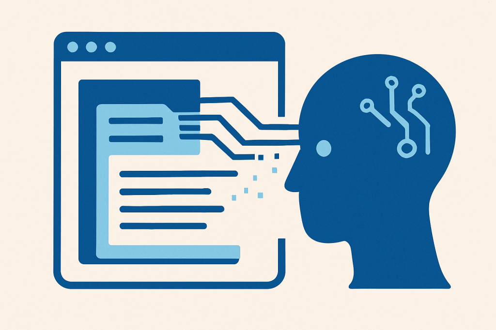 Cool blue AI profile projects circuit lines into a browser-style document window—representing the AI-generated version. AI-generated.