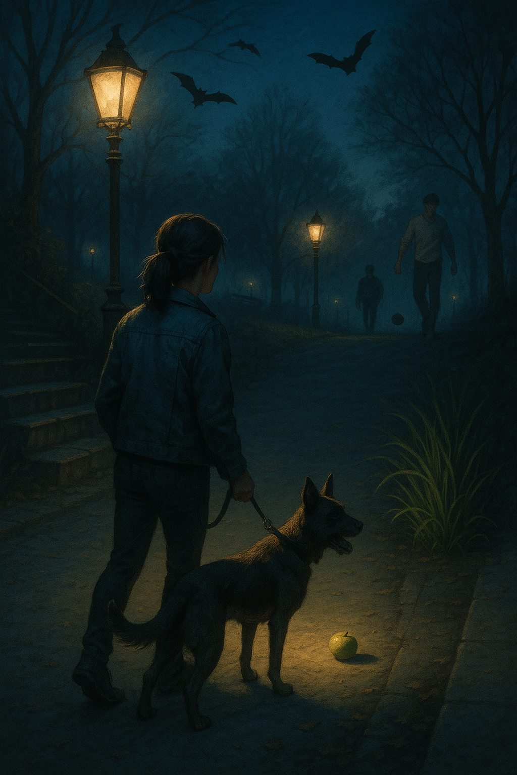 AI-generated digital painting of a woman with a dog in a dimly lit park, green apple in a pool of lamp light and bats overhead.
