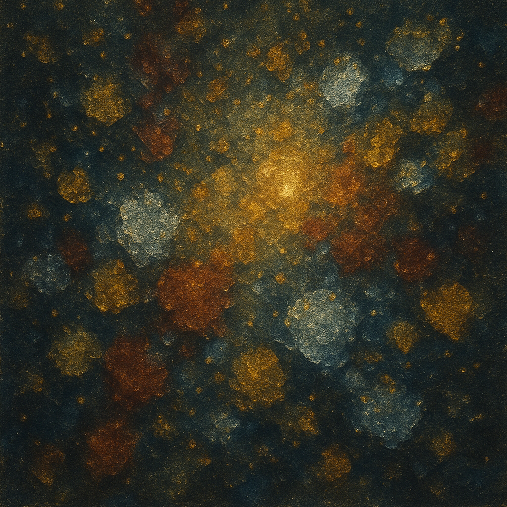 Abstract golden and silver light clusters against a dark background, symbolising minerals found in meteors and skincare. AI-generated.