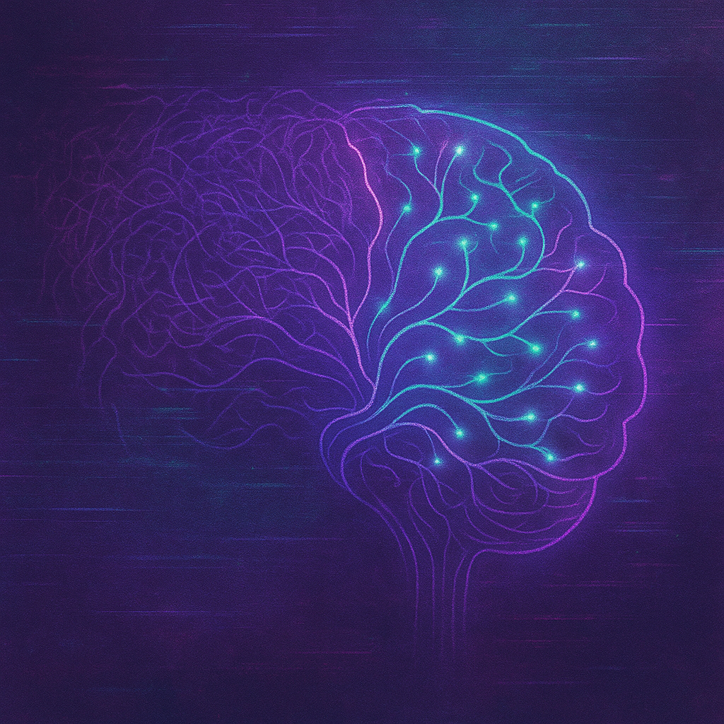 AI-generated digital illustration of an abstract brain motif with glowing purple and teal connections, symbolising fibro fog, dyslexia, and AI helping to untangle thoughts.