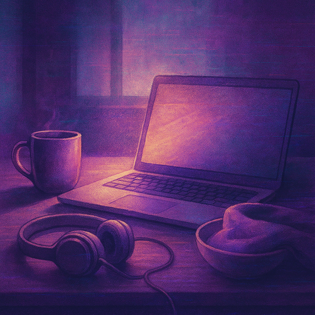 AI-generated digital illustration of a cosy home desk with a laptop, purple mug, and headphones in warm light, symbolising flexible working and creative projects with fibromyalgia.