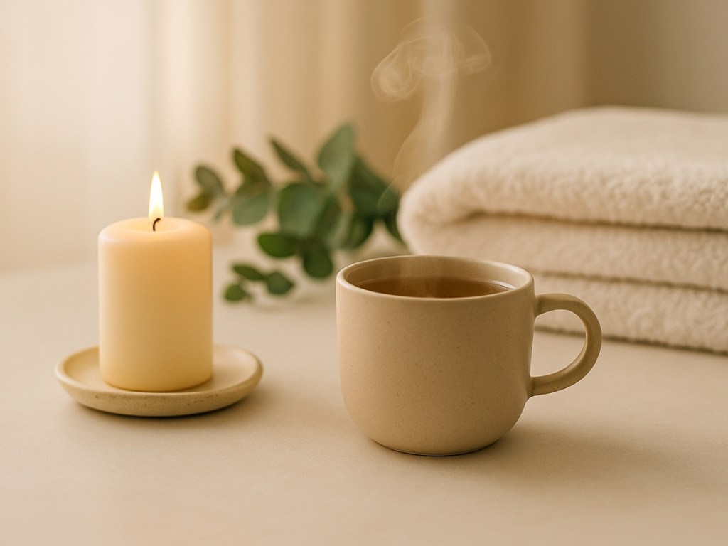 AI-generated. A softly lit still life with a steaming cup of tea, folded towel, and candle, symbolising relaxation, inclusivity, and Sheffield self-care.