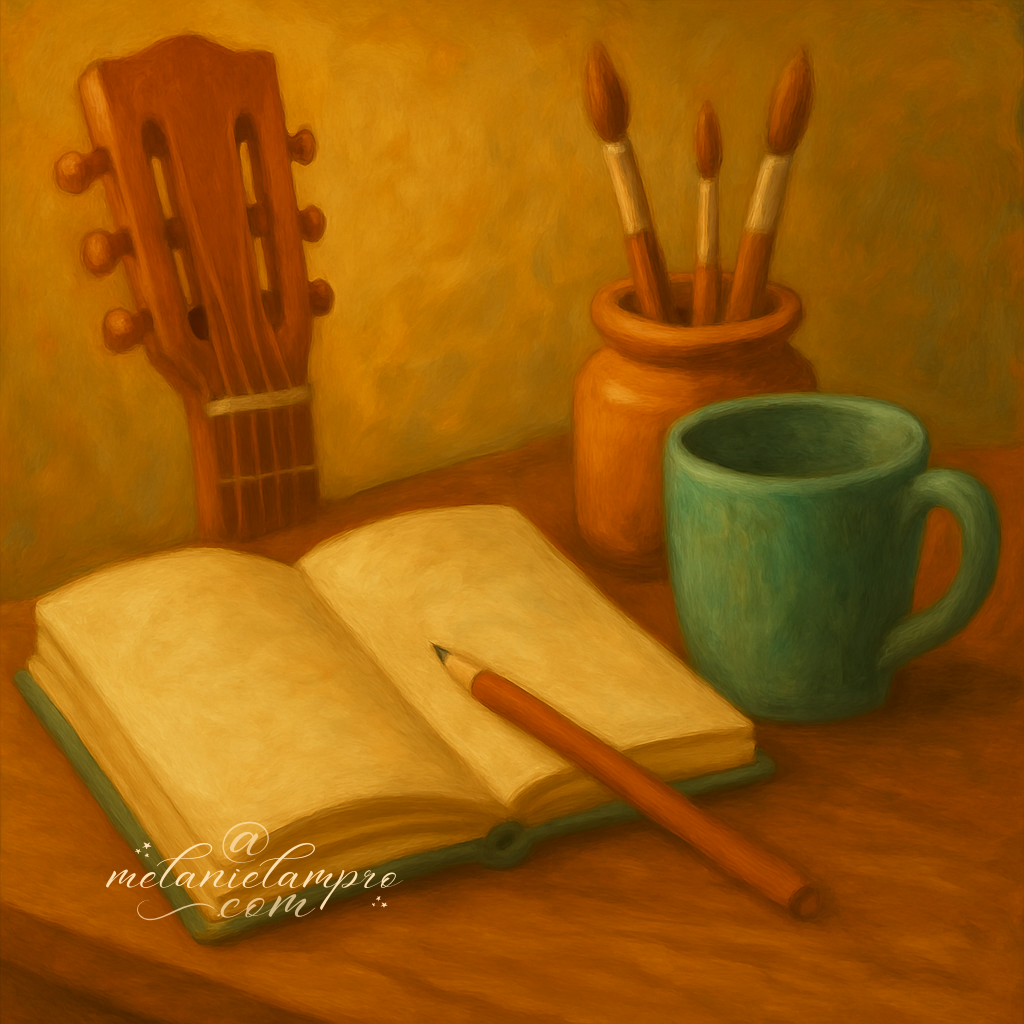 Painterly still life of a guitar headstock, open sketchbook with pencil, jar of paintbrushes and teal ceramic mug on a wooden desk in warm golden light. AI-generated.