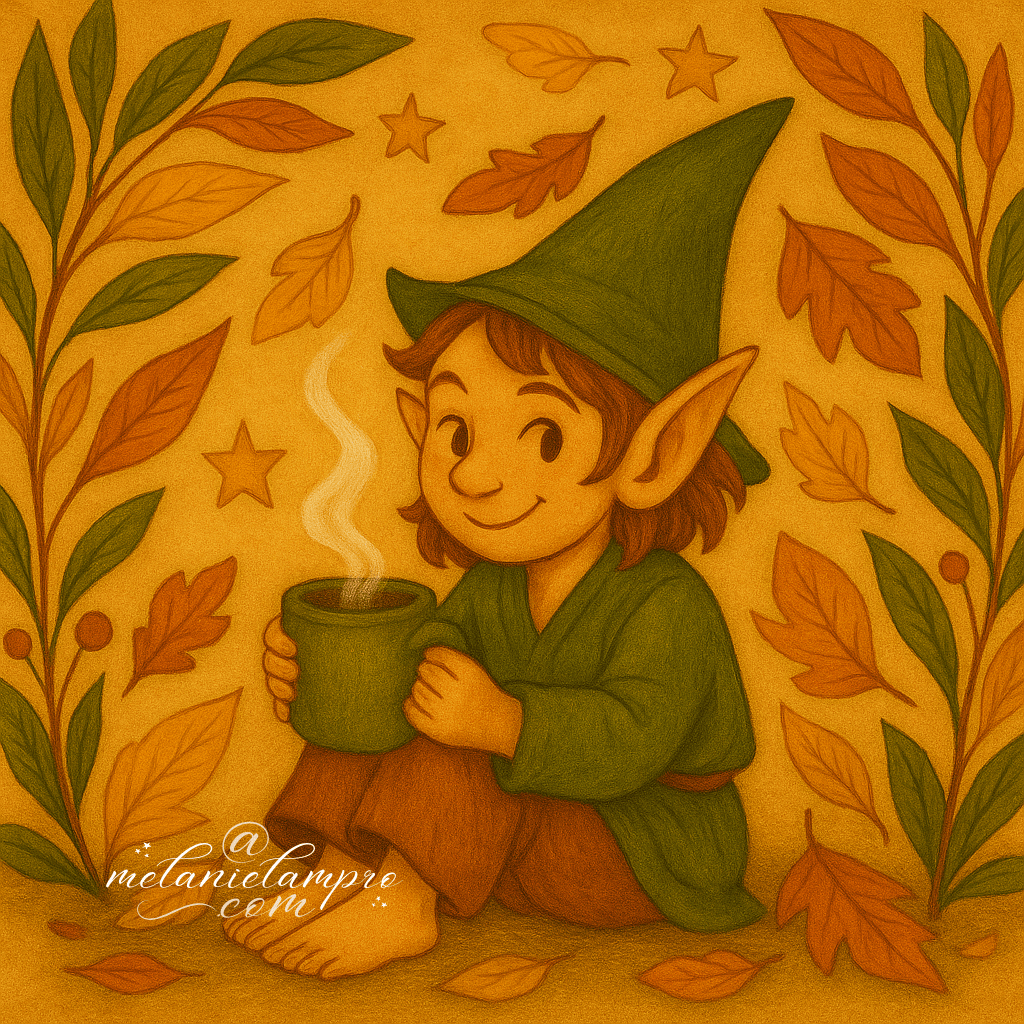 AI-generated. A Piskey holds a steaming mug as golden leaves drift around, with berries and foliage.